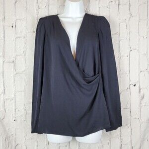Vanessa Bruno solid black silk long sleeve cross drapey faux wrap blouse top